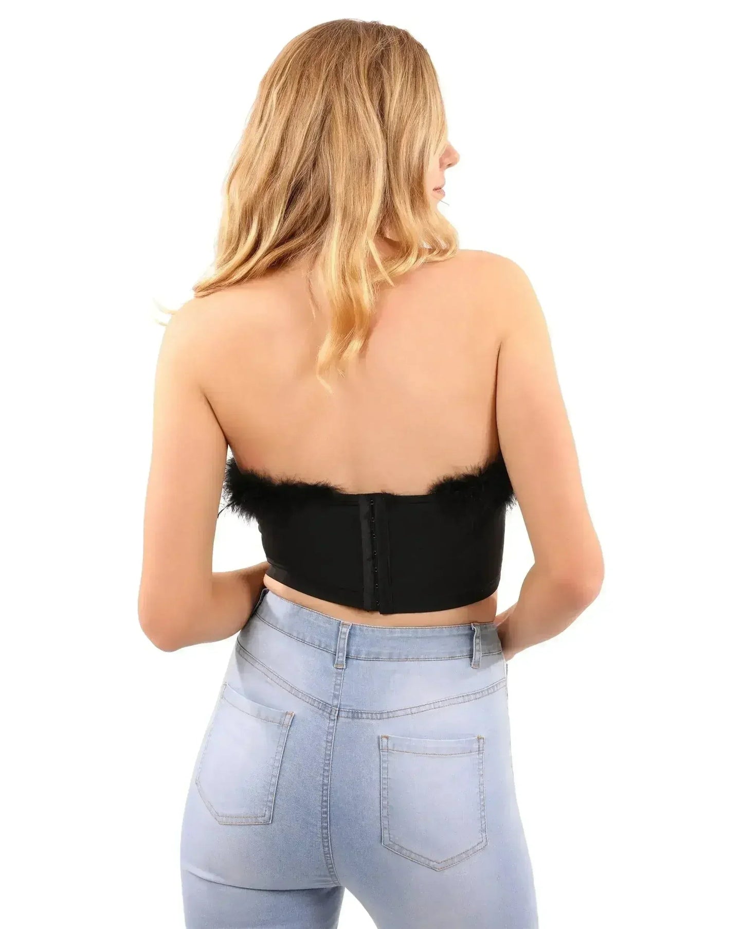 Fur Trim Crop Top | Sexy Black Top | Hook & Eye Back