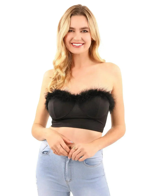 Fur Trim Crop Top | Sexy Black Top | Hook & Eye Back