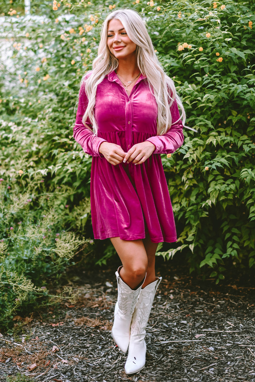 Valentine Velvet Ruffle Buttoned Long Sleeve Dress
