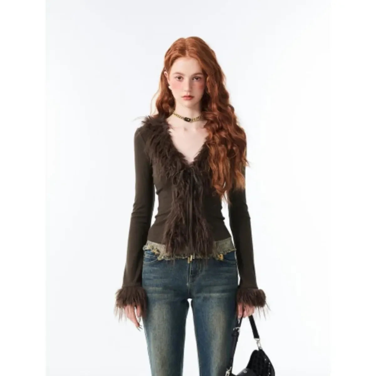 Lace-Up Faux Fur Cardigan – Vintage Slim Fit Long Sleeve Top