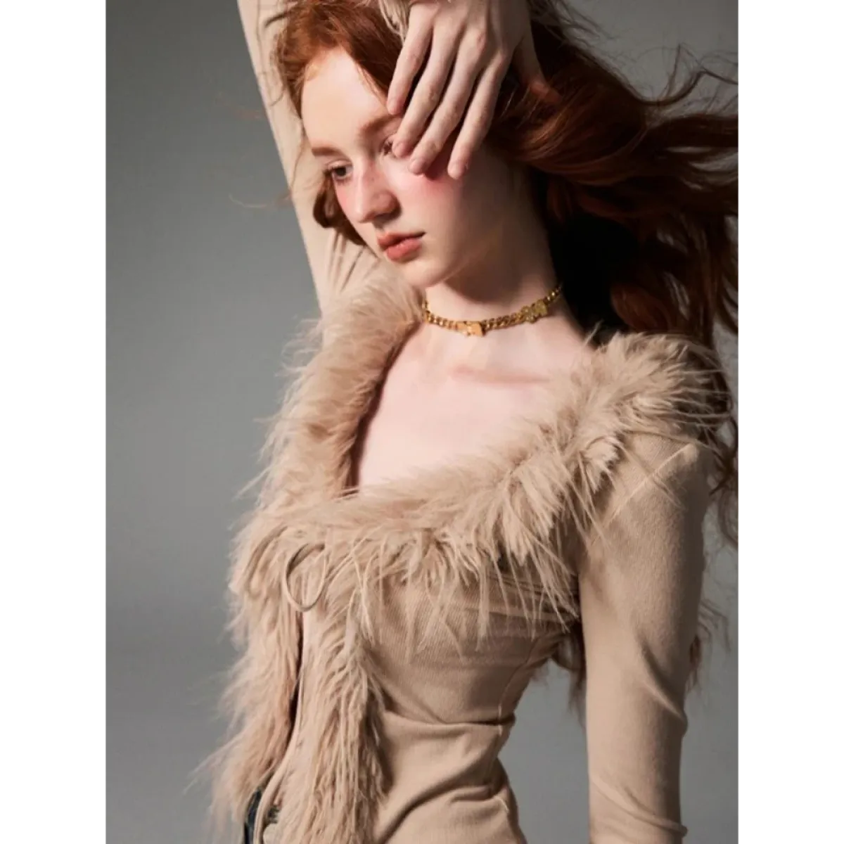 Lace-Up Faux Fur Cardigan – Vintage Slim Fit Long Sleeve Top