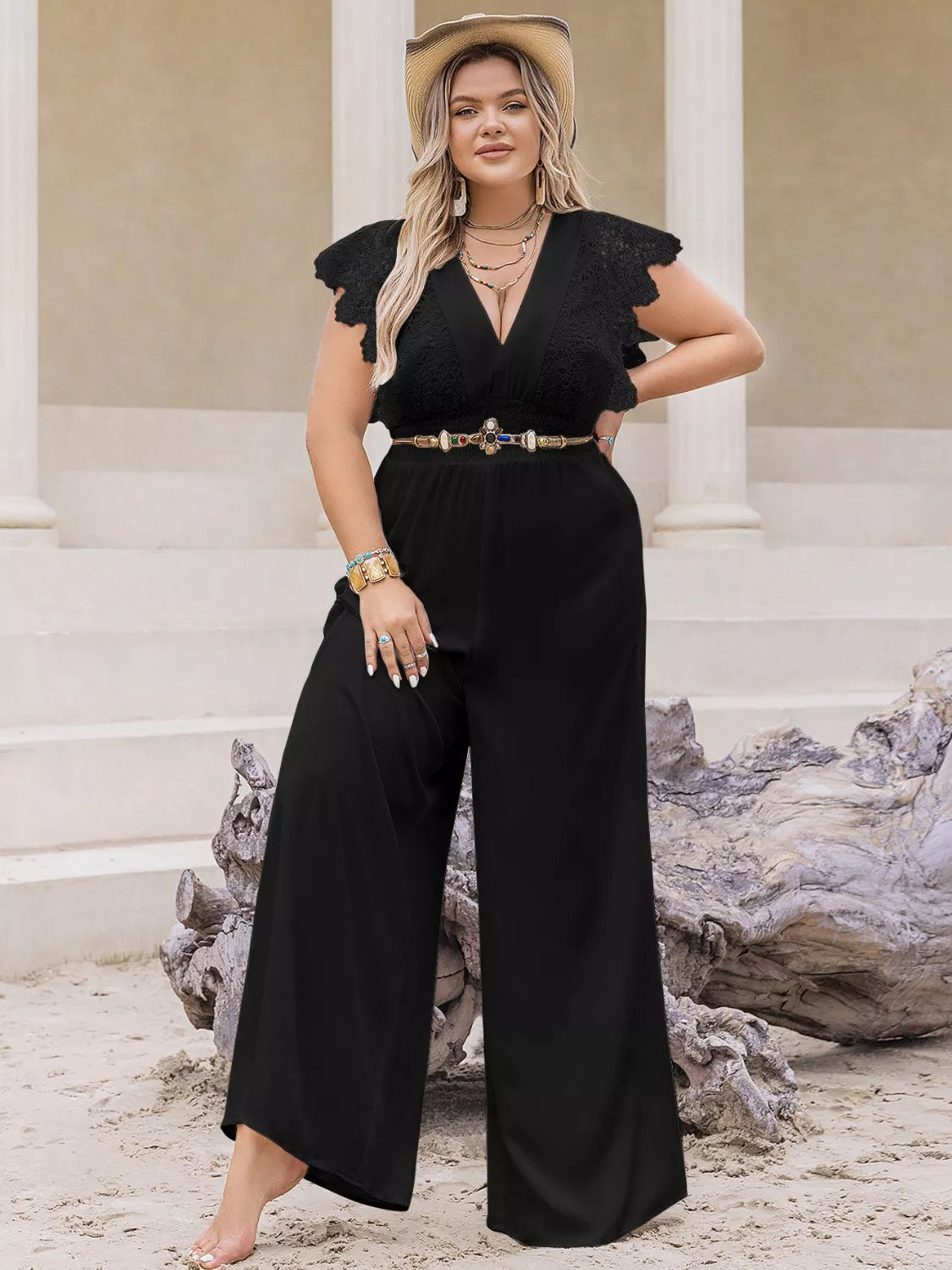 Plus Size Lace Cap Sleeve Wide Leg Jumpsuit