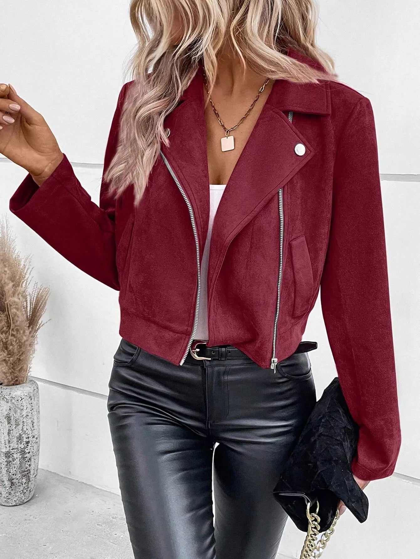 Suede Moto Jacket with Zip Detail