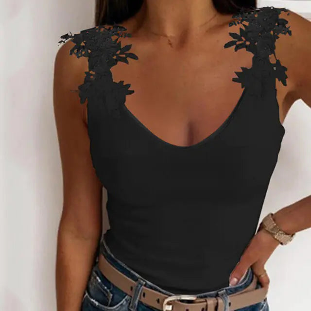 Lace Petal Tank Top  V-Neck Casual T-Shirt Sizes S-2XL