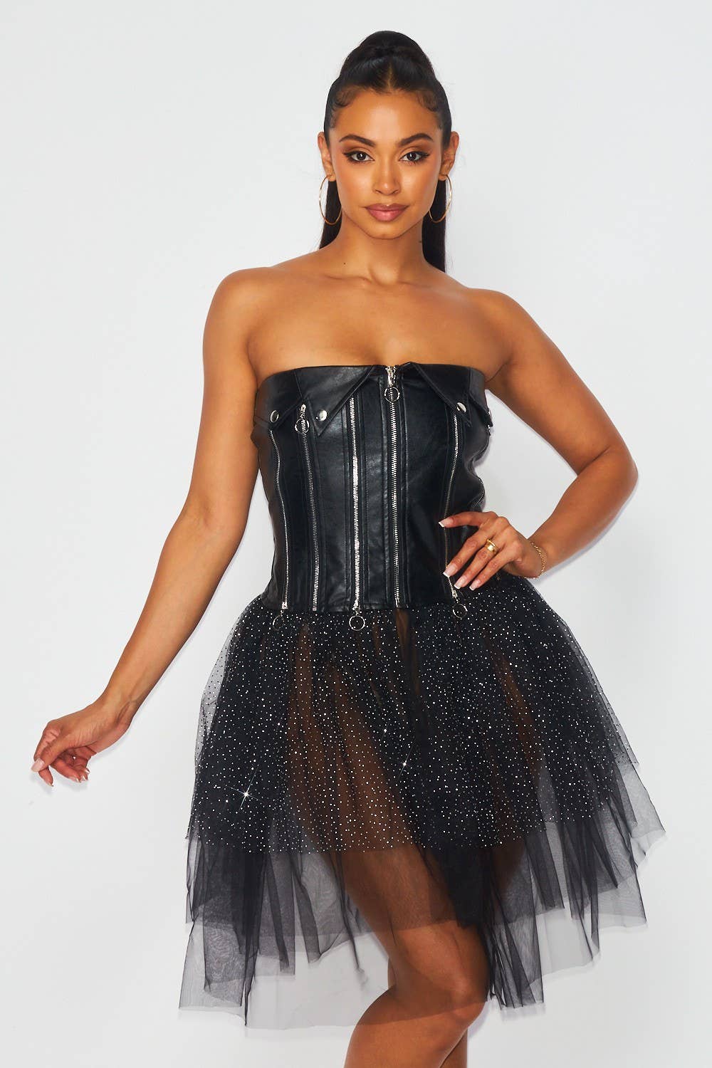 Kayla Contrast Mesh Faux Leather Strapless Tutu Dress