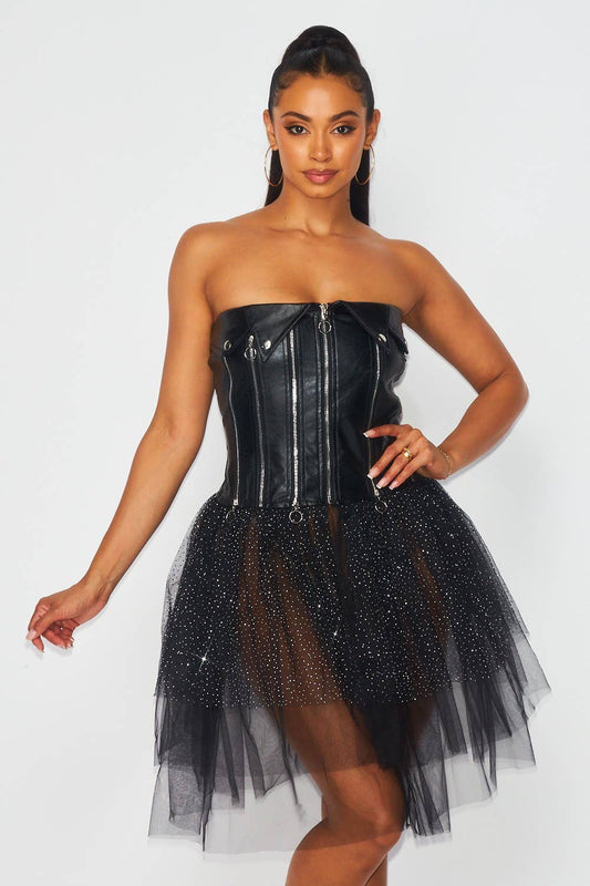 Kayla Contrast Mesh Faux Leather Strapless Tutu Dress
