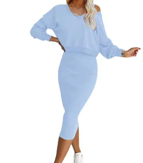 Women's V-neck Vest Sweater & Skirt Set