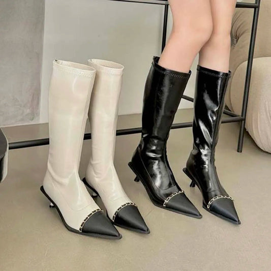 Pointed Toe Women Knee High Boots Black White Sock Booties Thin Mid Heels   New Arrivals Ladies Party Pumps Dress Shoes Woman