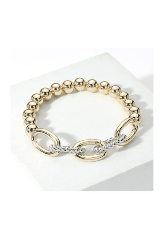 Two Tone Metal Oval Link Accented Beaded Stretch Bracelet